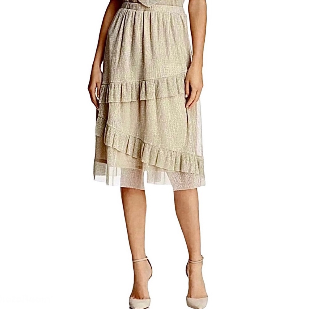 Anthropologie June & Hudson Metallic Gold Ruffle Skirt M Party Evening Sparkly